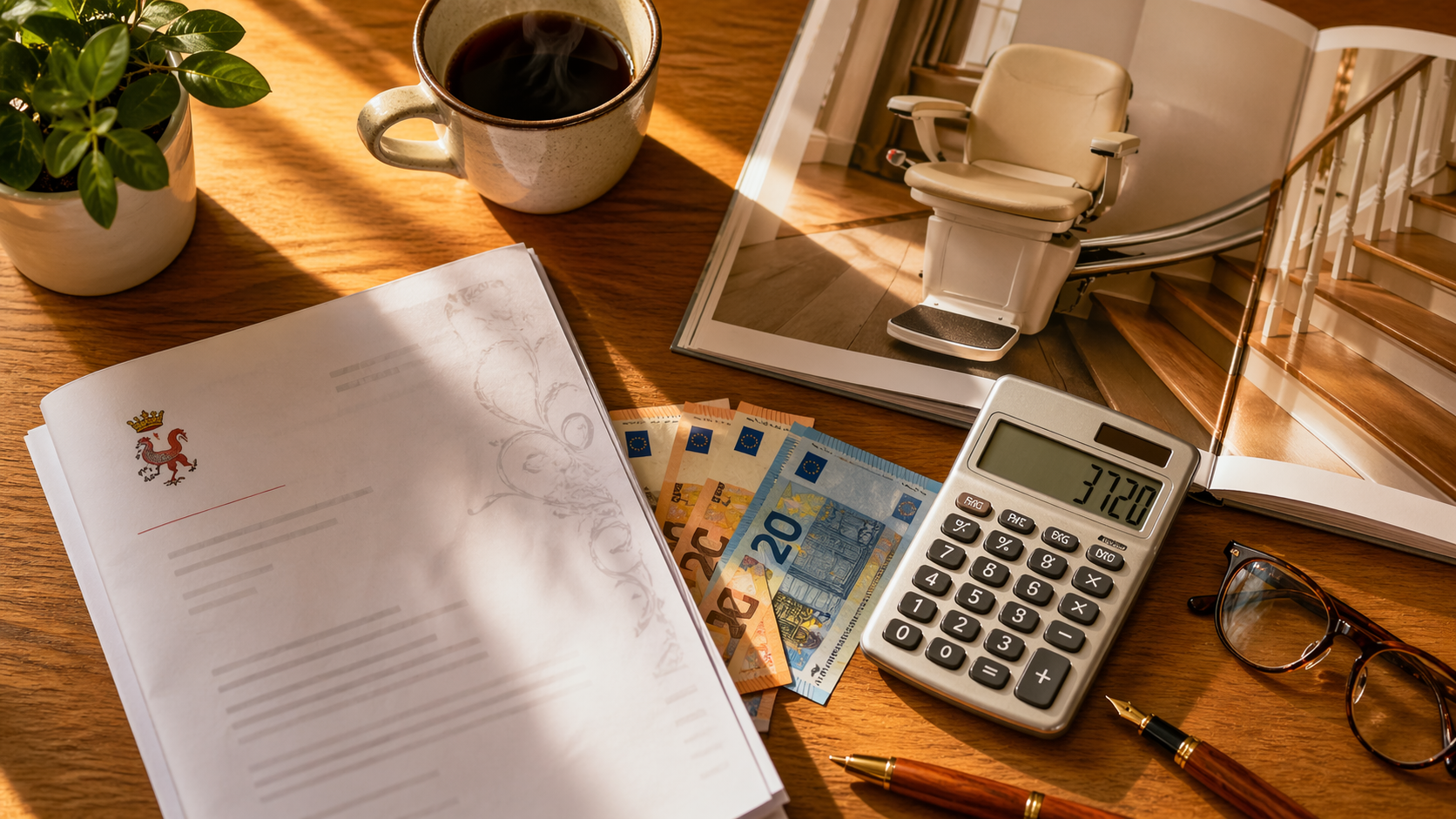 Document officiel de la Région wallonne, billets en euros et calculatrice affichant 3 720 € sur un bureau en chêne avec tasse de café