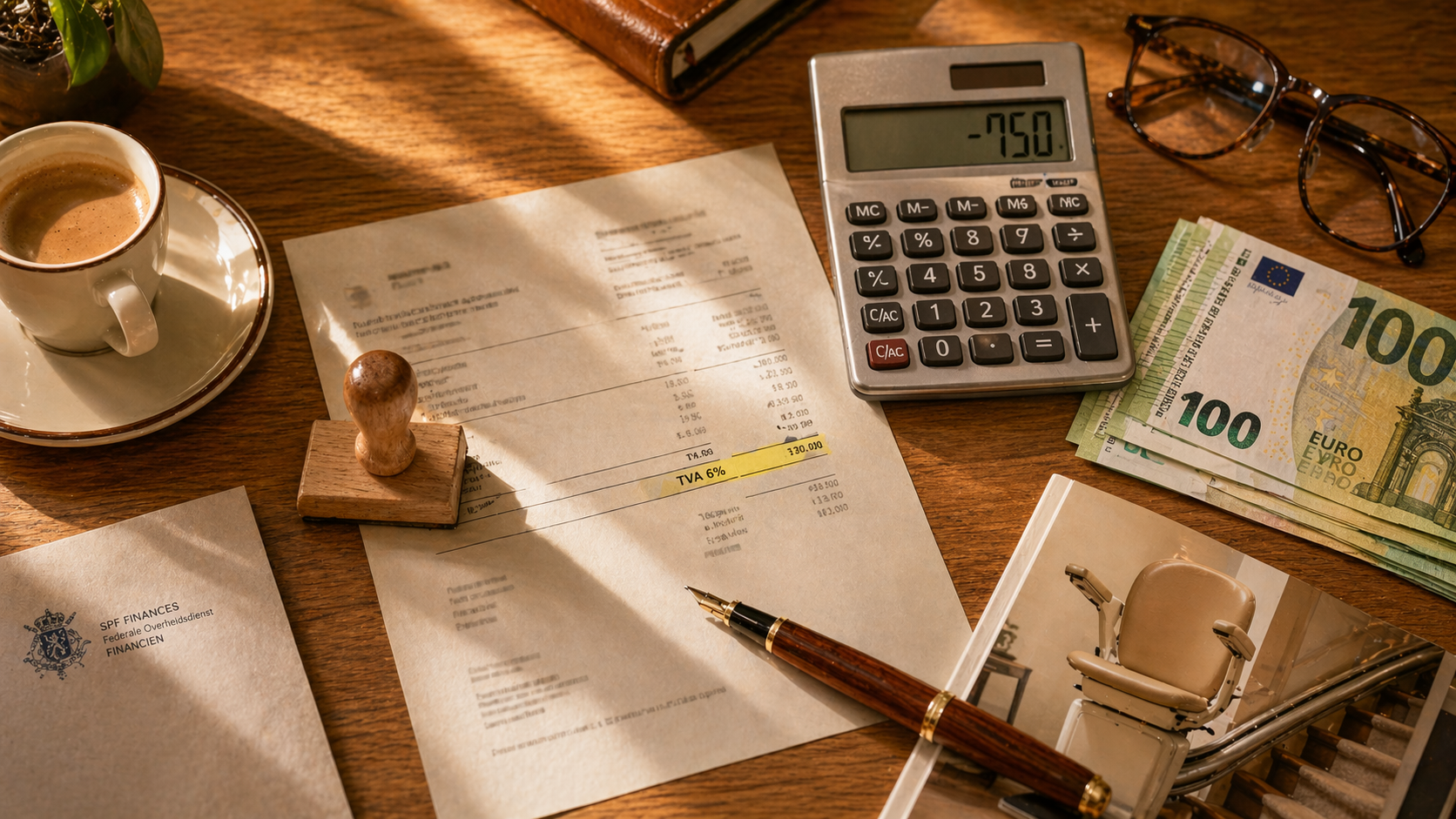 Facture SPF Finances avec TVA 6 % surlignée en jaune, calculatrice affichant -750 € et billets de 100 euros sur un bureau en chêne