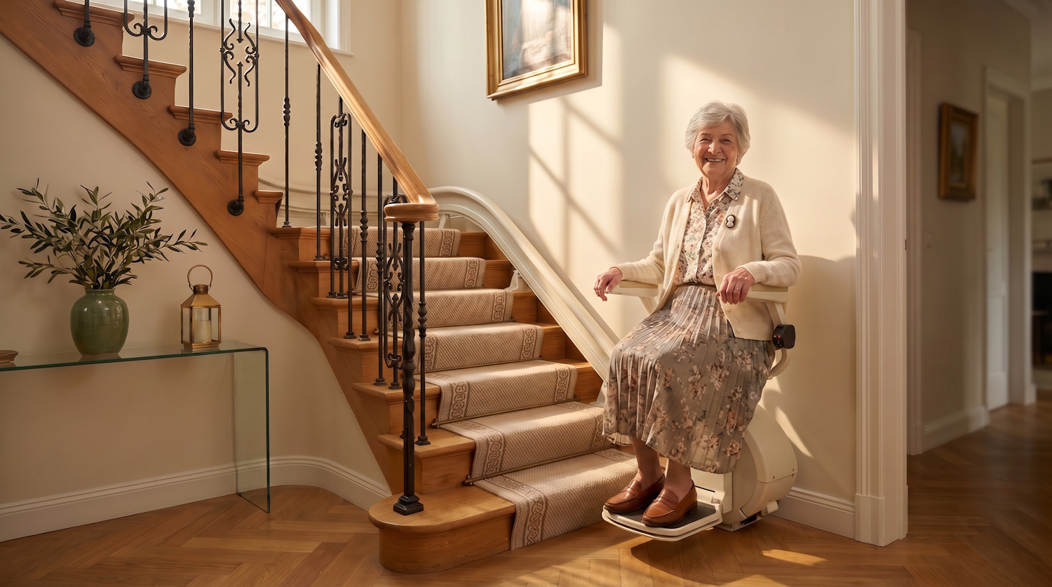 Personne confortablement assise sur un monte-escalier dans un intérieur moderne